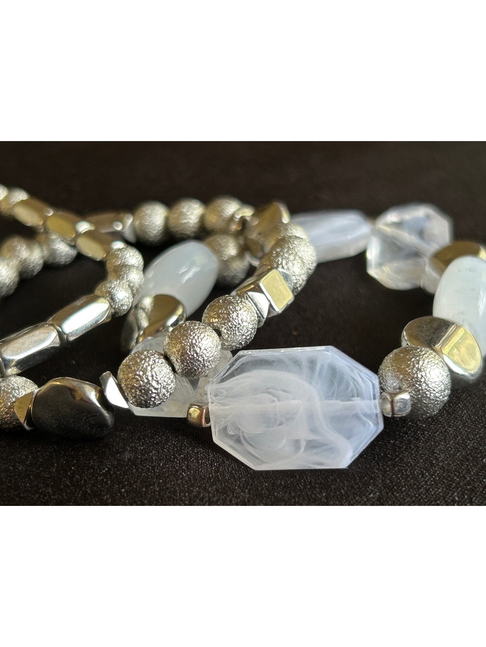 Set of Three Silver Tone and Clear Beaded Stretch Bracelets